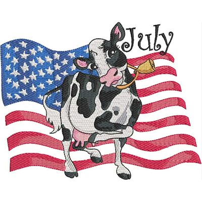 An embroidery design of a playful cow wearing a bell and sticking out its tongue, positioned atop a waving American flag with the word "July."