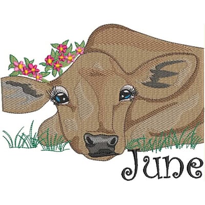 An embroidery design of a brown calf with expressive eyes surrounded by flowers, accompanied by the name "June" in a decorative font.