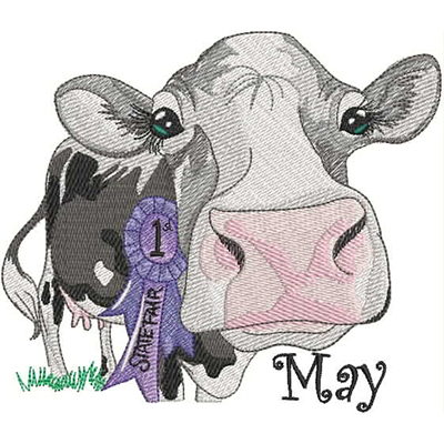 An embroidery design of a friendly cow wearing a blue ribbon, accompanied by the text "May."