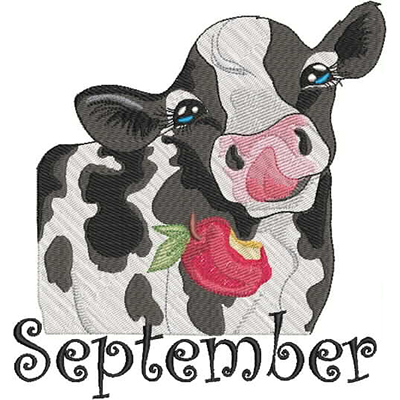 An embroidery design of a cute cow with a pink nose and an apple, accompanied by the word "September" in playful lettering.