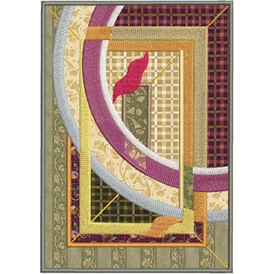 An embroidery design of intricate geometric shapes and patterns featuring vibrant colors and textures.