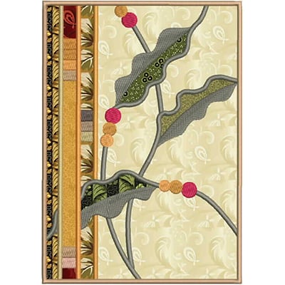 An embroidery design of stylized leaves intertwined with colorful berries, creating a vibrant and decorative pattern.