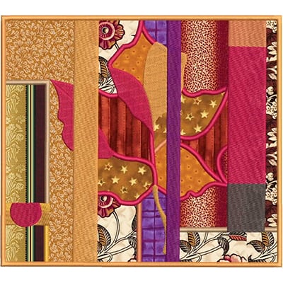 An embroidery design of vibrant and intricate patterns featuring a mix of bold colors and textures.