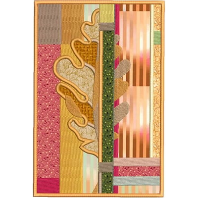 An embroidery design of abstract shapes and patterns in warm tones, featuring scalloped and layered elements with a textured finish.