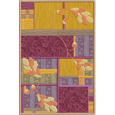 An embroidery design of colorful, overlapping geometric panels adorned with stylized leaf motifs and intricate stitching patterns.