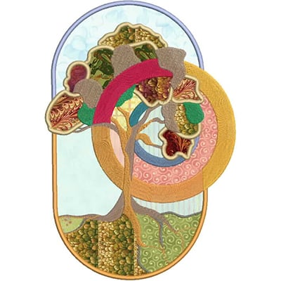 An embroidery design of a whimsical tree with intricate leaves and colorful circular decorations, creatively blending natural elements with abstract shapes.