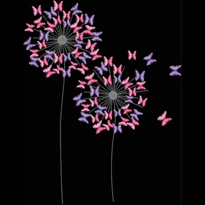 An embroidery design of two whimsical flowers surrounded by fluttering butterflies in pink and purple shades.