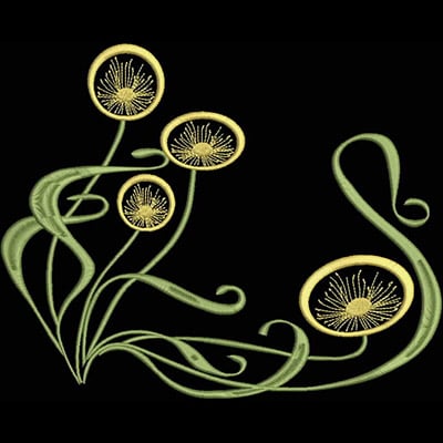 An embroidery design of delicate yellow flowers with intricate detailing, gracefully intertwined with flowing green stems.