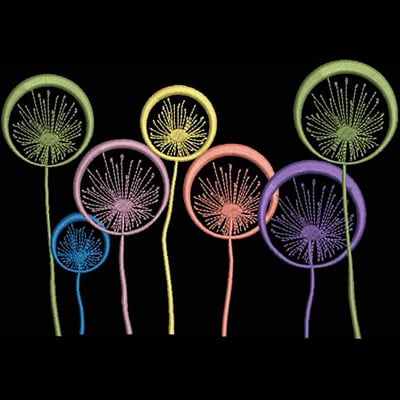 An embroidery design of colorful flower-like motifs enclosed in circular frames with varying heights and styles.