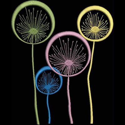 An embroidery design of colorful circular flower motifs with intricate detailing and long, slender stems.