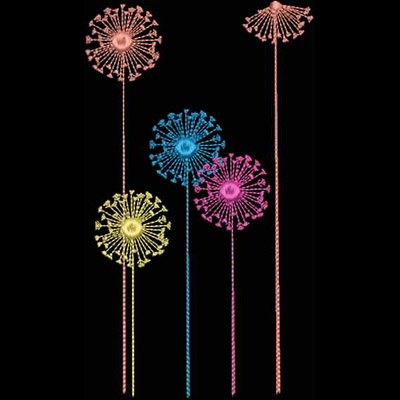 An embroidery design of colorful dandelion-like flowers topped with beads, featuring vibrant hues of pink, blue, yellow, and orange.