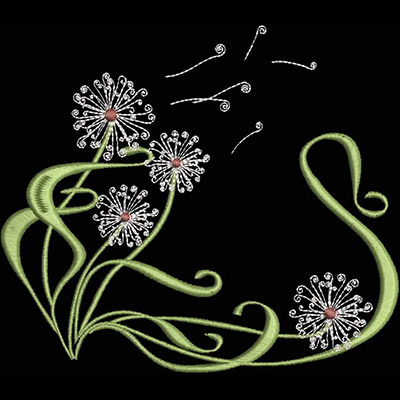 An embroidery design of delicate, whimsical flowers with intricate stems and swirling leaves, accented by small ornamental details.