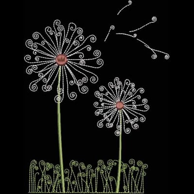 An embroidery design of two whimsical flowers with curled petals and circular centers, complemented by delicate swirls suggesting movement.