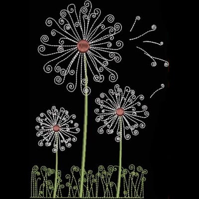 An embroidery design of whimsical, spiraled flowers with circular centers and delicate green stems.