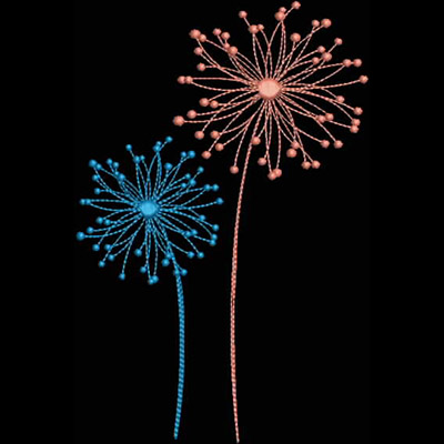 An embroidery design of two stylized flowers, one in vibrant blue and the other in soft pink, featuring delicate stems and intricate petal details.