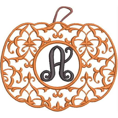 An embroidery design of an ornate pumpkin shape featuring a decorative monogram letter "A" at its center.