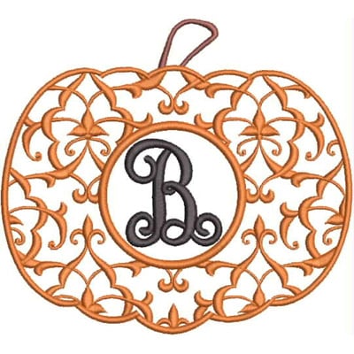 An embroidery design of a decorative pumpkin featuring intricate floral patterns and a central monogrammed letter "B."