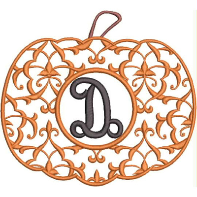 An embroidery design of an intricately stitched pumpkin featuring a decorative floral pattern and a central letter "D".