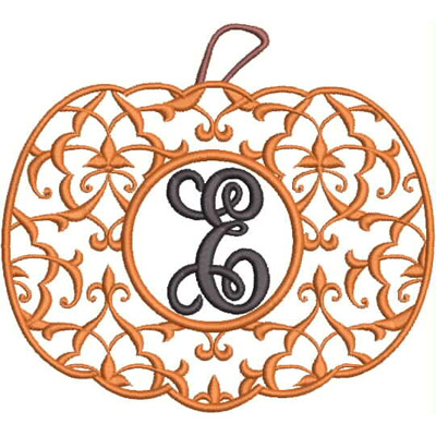 An embroidery design of a decorative pumpkin featuring intricate floral patterns and the letter "E" at its center.