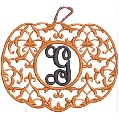An embroidery design of an ornate pumpkin frame featuring the letter "G" in a stylish script.