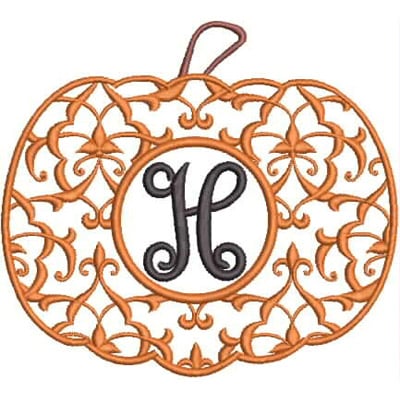 An embroidery design of an ornate pumpkin featuring a decorative floral pattern and a central letter "H."
