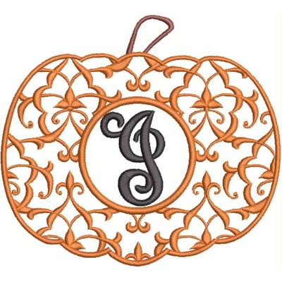 An embroidery design of a decorative pumpkin featuring an intricate floral pattern and the letter "J" in the center.