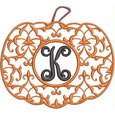 An embroidery design of an ornate pumpkin shape featuring intricate floral patterns and a central letter "K".