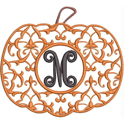 An embroidery design of an ornate pumpkin featuring a central monogram "M" surrounded by intricate swirling patterns.