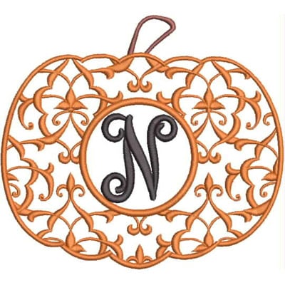 An embroidery design of an ornate pumpkin with a decorative filigree pattern surrounding a central letter "N" in a contrasting color.