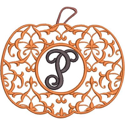 An embroidery design of an ornate pumpkin shape featuring a central letter "P" surrounded by intricate floral patterns.