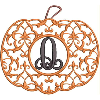 An embroidery design of a decorative pumpkin with intricate swirls and a central letter "Q."