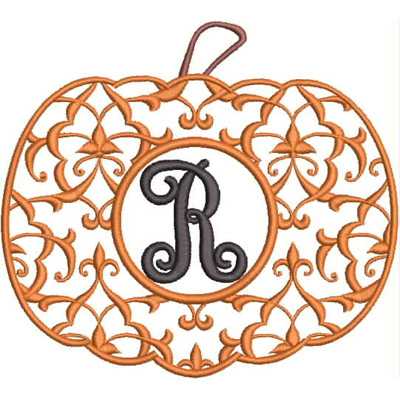 An embroidery design of an ornate pumpkin featuring a decorative filigree pattern and the letter "R" in the center.