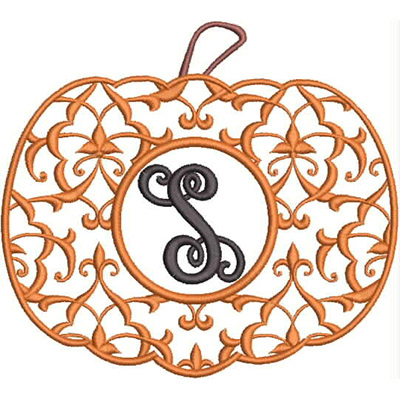 An embroidery design of an ornate pumpkin shape with intricate swirling patterns and a central letter "S."