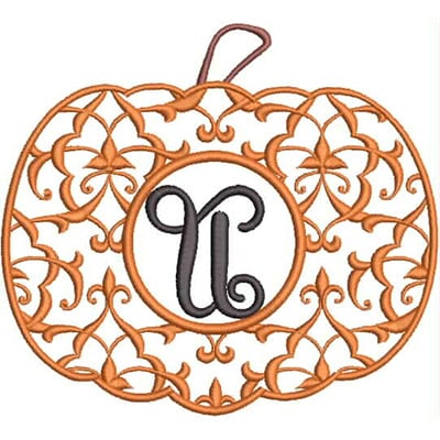 An embroidery design of an intricately detailed pumpkin featuring elegant swirling patterns and a central monogram.