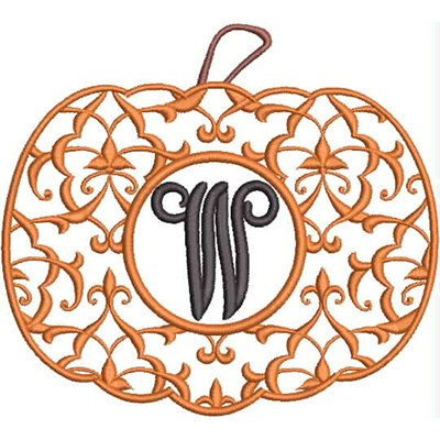 An embroidery design of an ornate pumpkin featuring a central monogram in an elegant script.