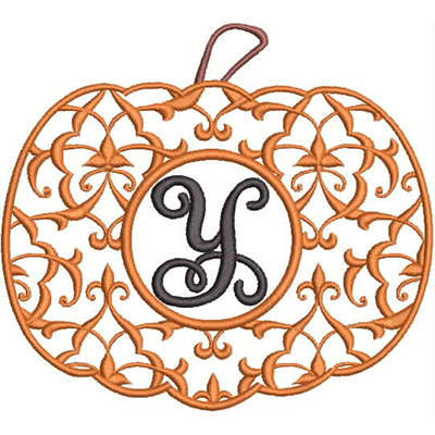 An embroidery design of an ornate pumpkin featuring a stylized letter "Y" in the center.