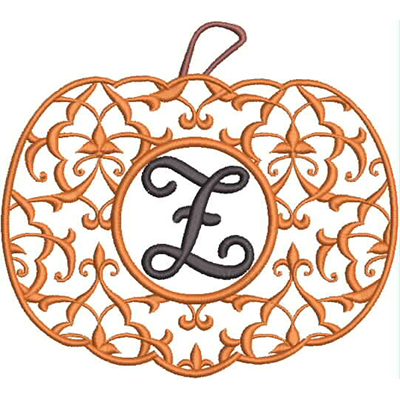 An embroidery design of an ornate pumpkin featuring a decorative swirl pattern and a central initial 'L'.