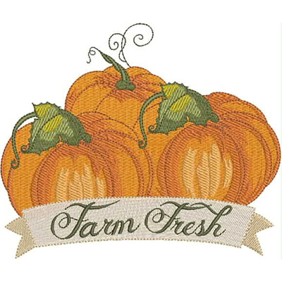 An embroidery design of three vibrant pumpkins adorned with green leaves, featuring a banner that reads "Farm Fresh."