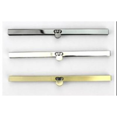 An embroidery design of three metal clasps in silver, gold, and polished chrome finishes, each featuring a simple, elegant fastening mechanism.