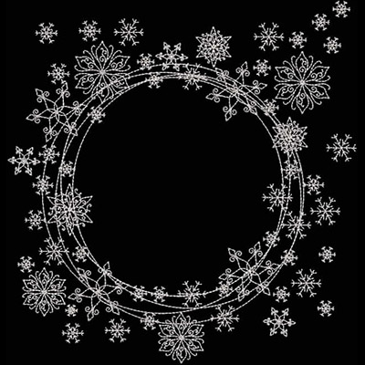 An embroidery design of intricate snowflakes arranged in a circular pattern.