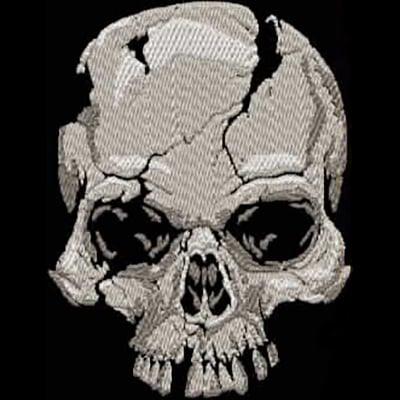 An embroidery design of a cracked skull with detailed shading and contrasting dark eyes.