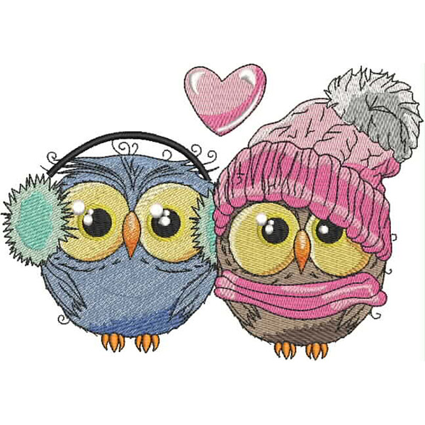 An embroidery design of two cute owls wearing winter accessories, with one sporting earmuffs and the other a knitted hat and scarf, accompanied by a heart.