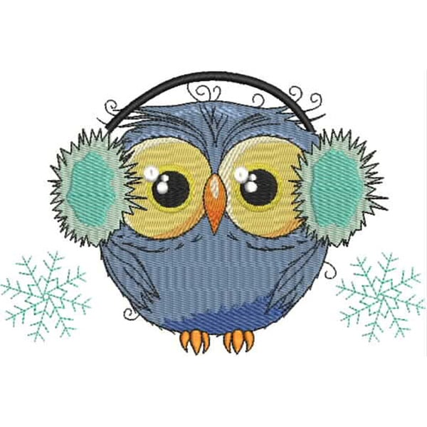An embroidery design of a cute owl wearing earmuffs with large, expressive eyes.