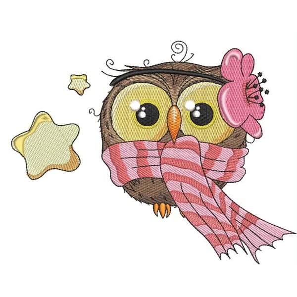 An embroidery design of a cute owl wearing a pink striped scarf and a pink flower on its head, accompanied by a yellow star.