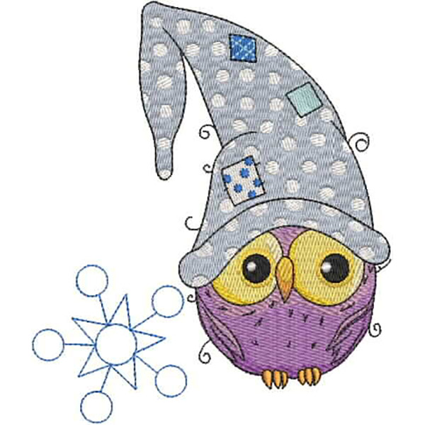 An embroidery design of an adorable purple owl wearing a whimsical gray hat decorated with polka dots and patches.