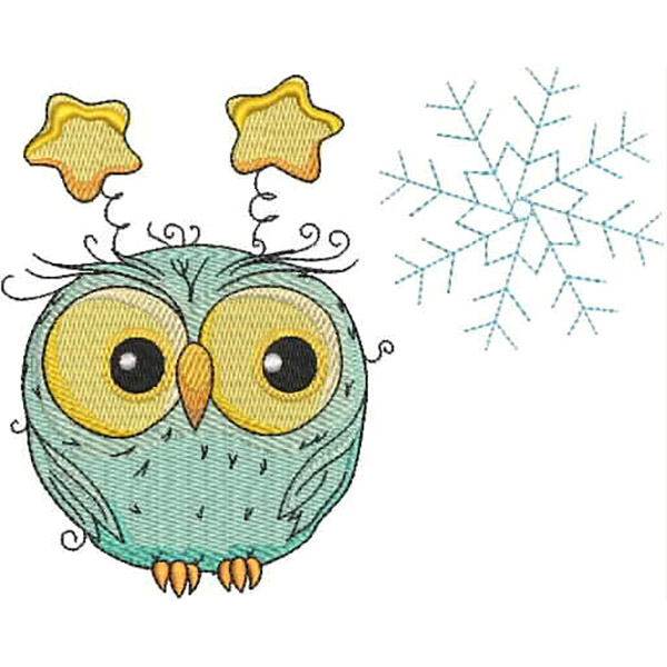 An embroidery design of a cute owl with large yellow eyes, topped with two stars and surrounded by a snowflake.