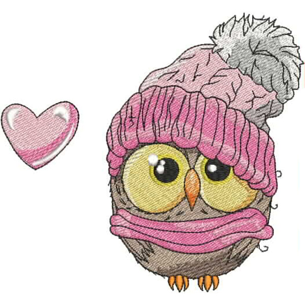 An embroidery design of a cute owl wearing a pink knitted hat and scarf, accompanied by a heart embellishment.