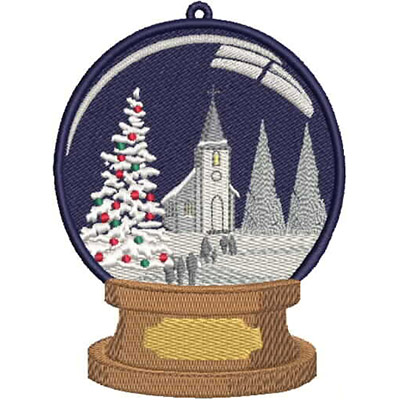 An embroidery design of a snow globe featuring a decorated Christmas tree, a quaint church, and snow-covered evergreens.