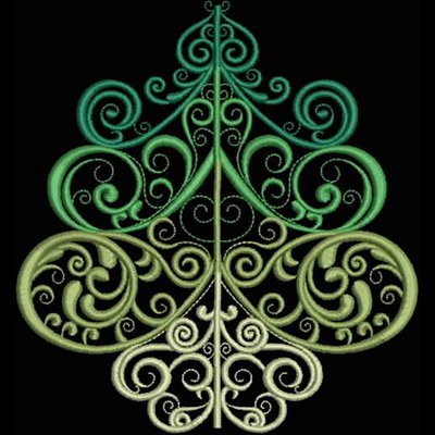 An embroidery design of an ornate, stylized tree with intricate swirling patterns in varying shades of green.