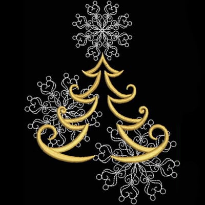 An embroidery design of an ornate golden Christmas tree surrounded by intricate silver snowflakes.